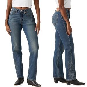 NWT LEVI'S 501 Curvy Straight Leg Jean Size 25 Medium Indigo Studded Design